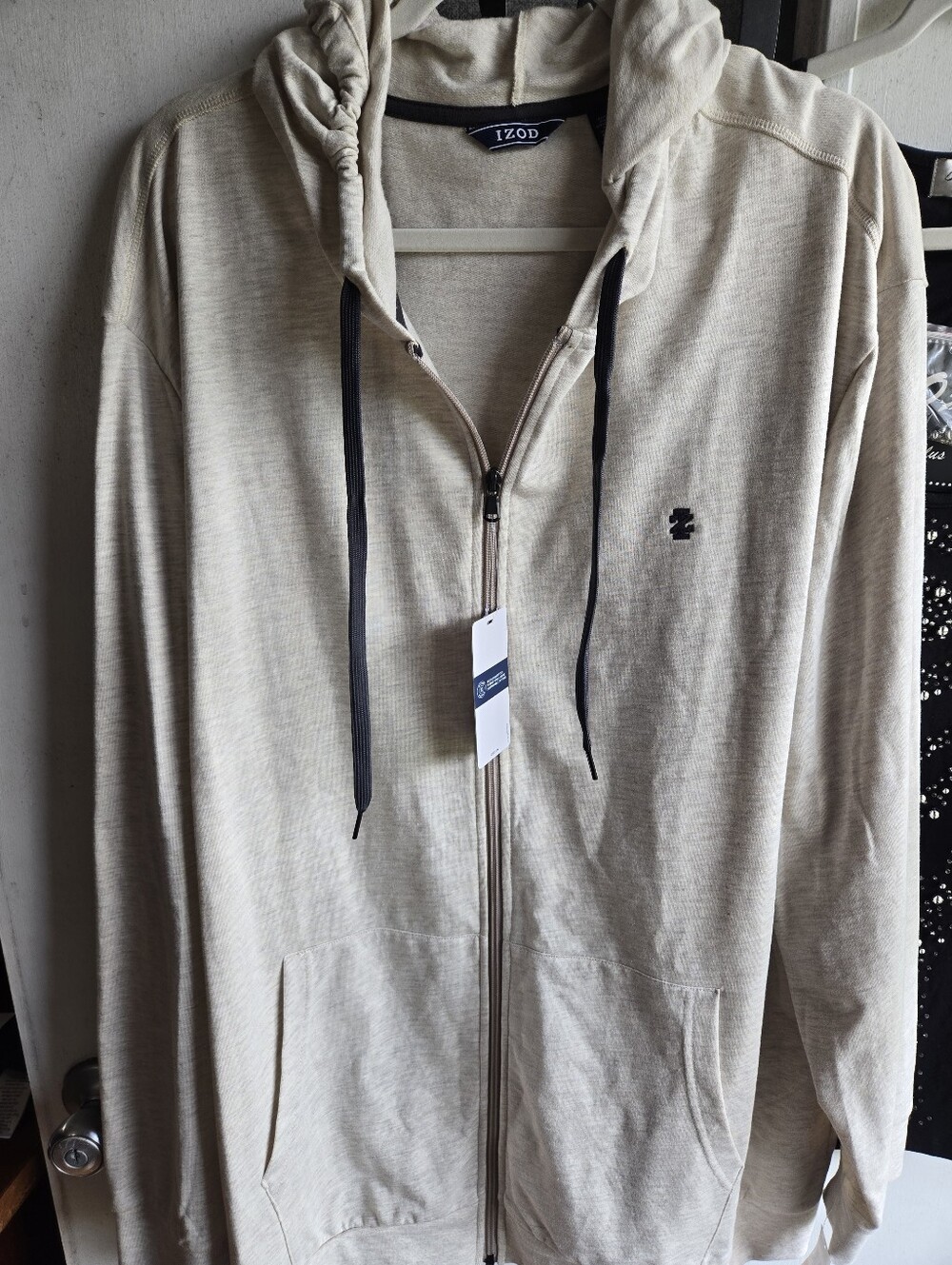 Izod Performance Men's Cream Zip-Up Hoodie with Black Drawstrings NWT
